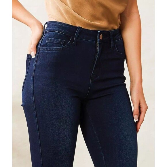 Flying Monkey High Rise Flare Jeans 26x34 Dark Blue Stretch Denim Raw Frayed Hem - Picture 6 of 8